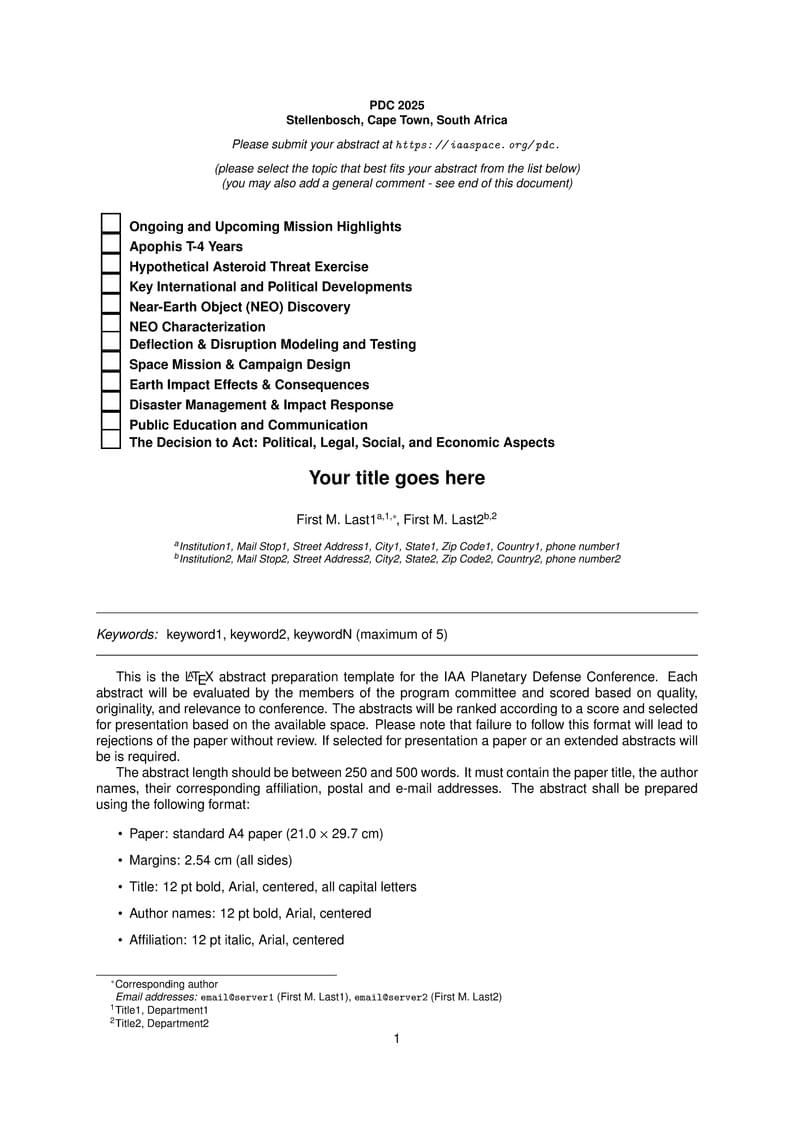 2025 Planetary Defense Conference Abstract Template