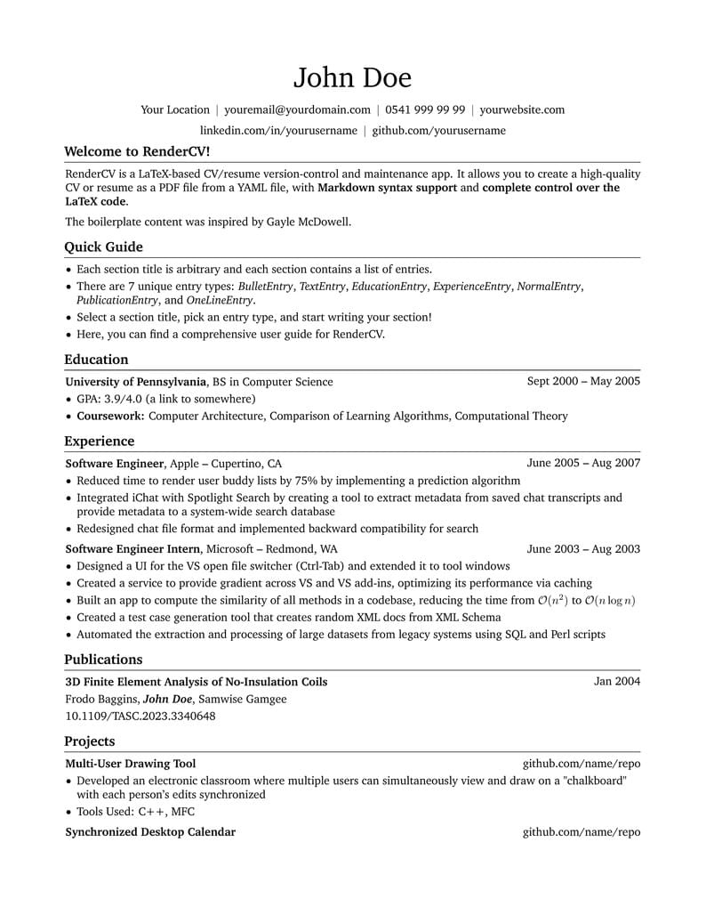 RenderCV EngineeringResumes Theme