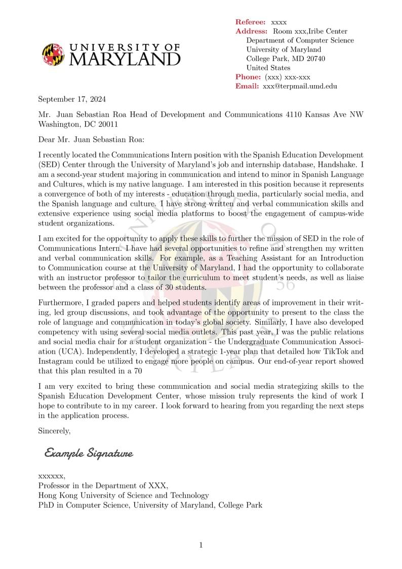 UMD Cover Letter