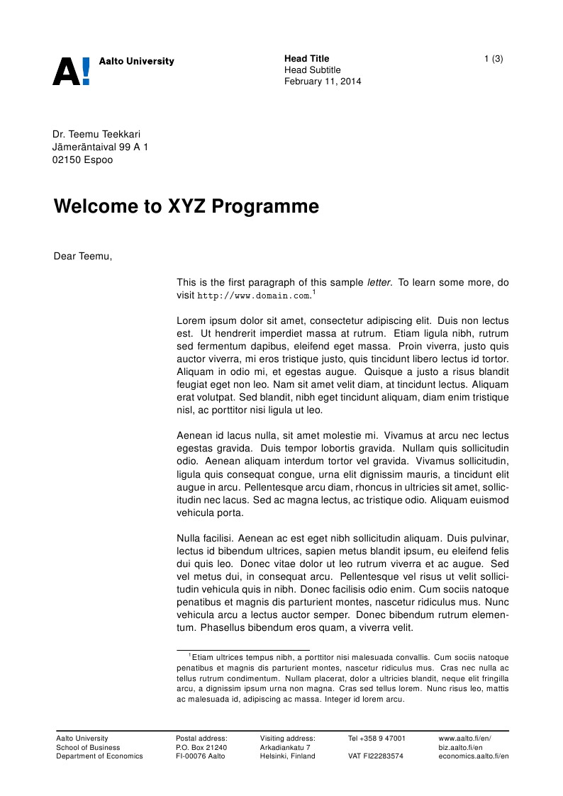 Aalto School of Business Letter template