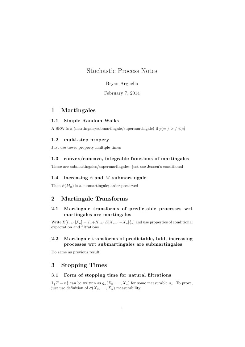 UT Austin Spring 2014 Stochastic Process Notes
