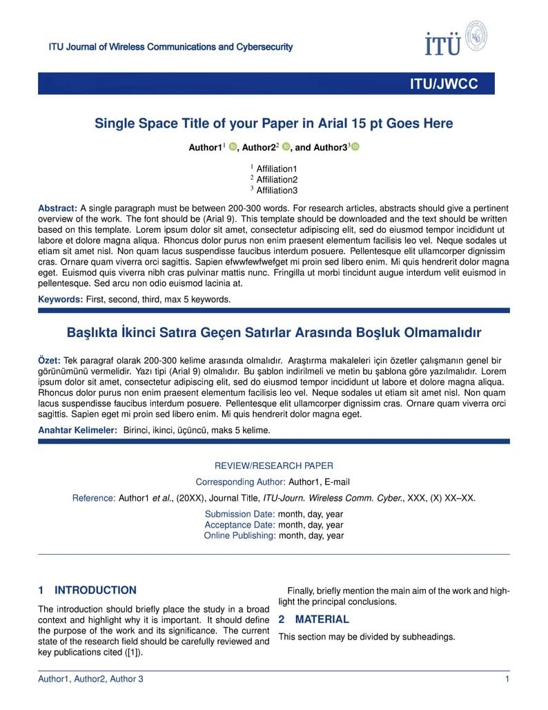 ITU Journal of Wireless Communications and Cybersecurity (ITU JWCC) Template