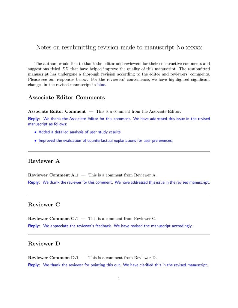 Journal Revision or Resubmission Review Response Letter (template)