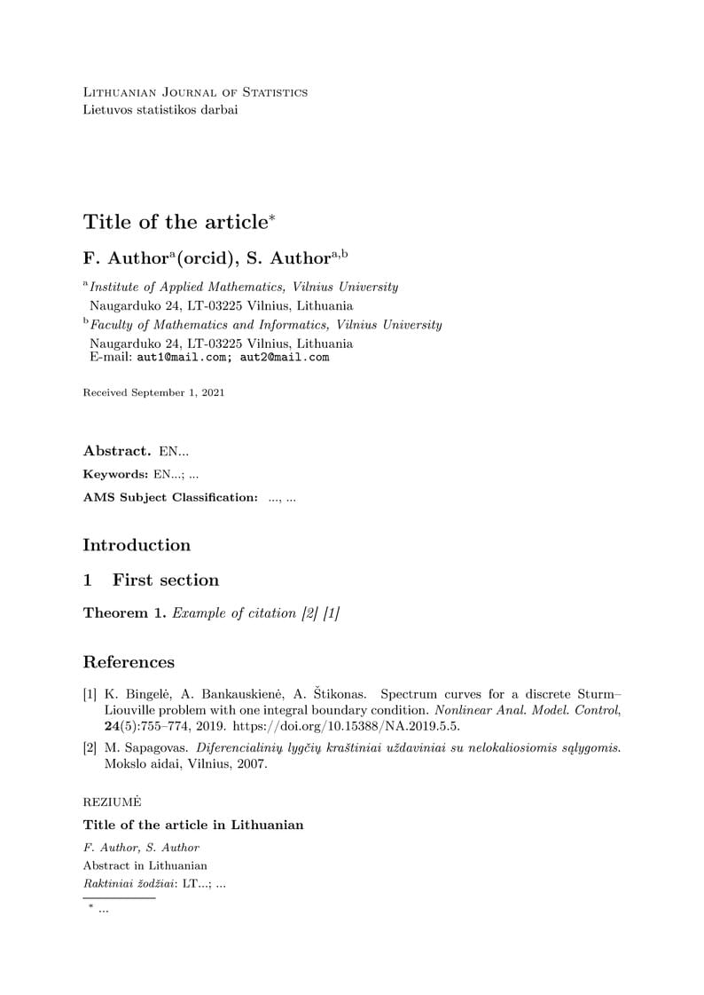 Template for Lithuanian Journal of Statistics (EN)