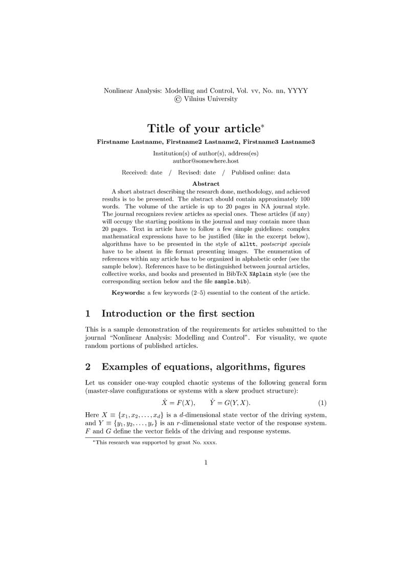 Template for Nonlinear Analysis: Modelling and Control