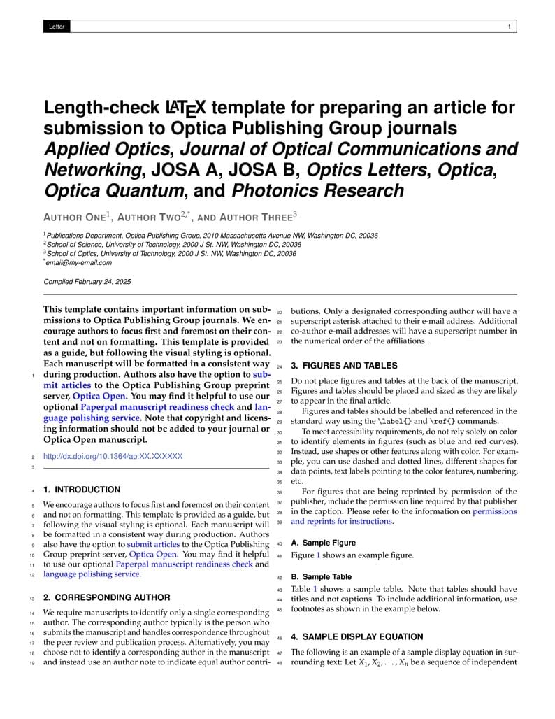 Length-check LaTeX template for preparing an article for submission to Optica Publishing Group journals AO, JOCN, JOSA A, JOSA B, OL, Optica