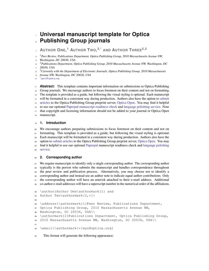 Universal manuscript template for Optica Publishing Group journals