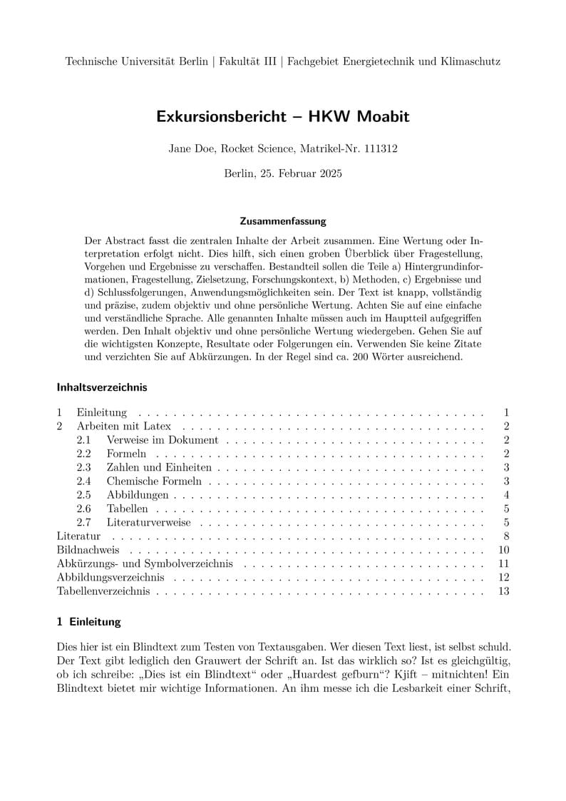 TU Berlin Fachgebiet Energietechnik und Klimaschutz Vorlage Exkursionsbericht
