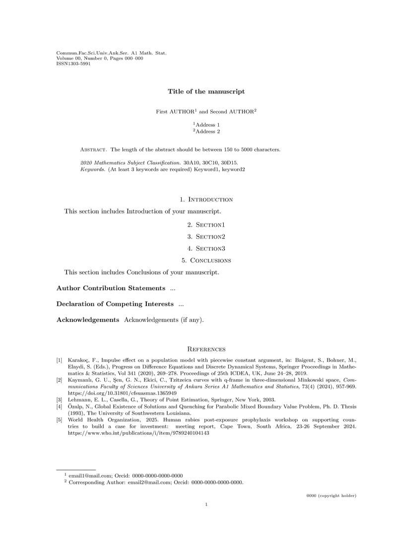 Communications Faculty of Sciences University of Ankara Series A1 Mathematics and Statistics Template