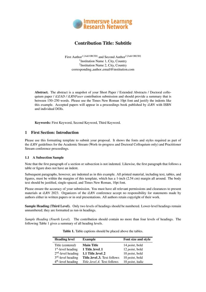 iLRN Conferences Template – Short Papers, Extended Abstracts, and Doctoral Colloquium