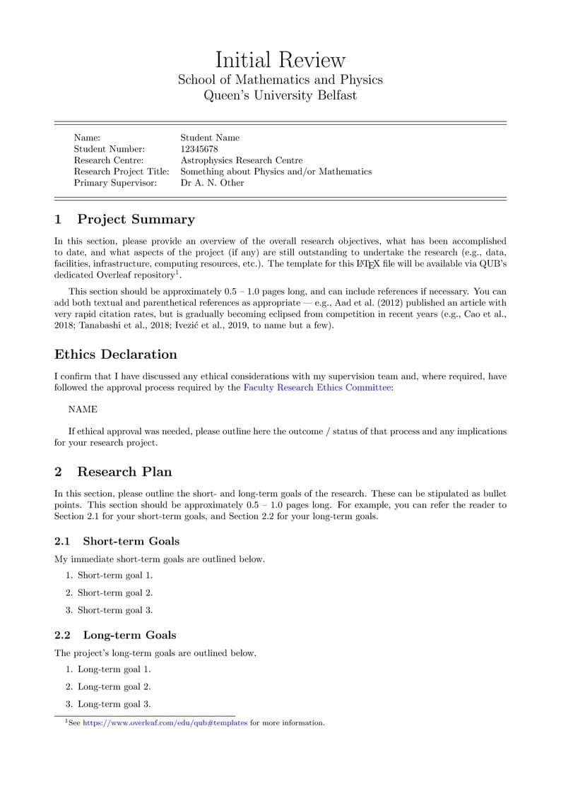 QUB initial review template