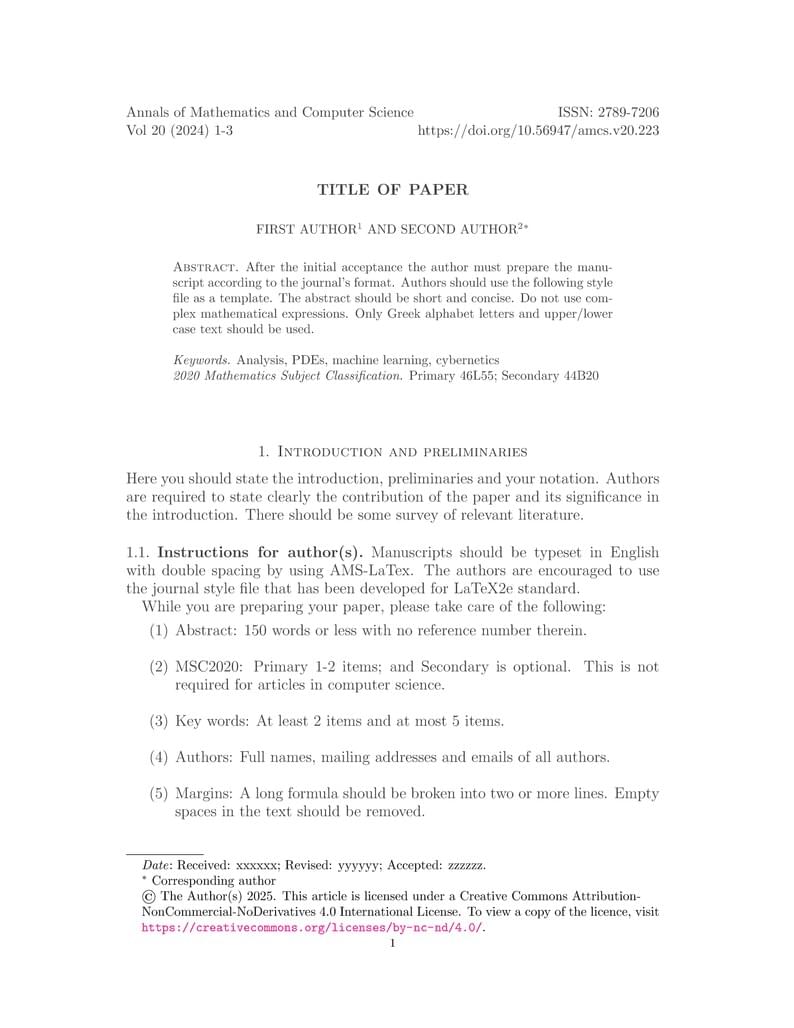 Annals of Mathematics and Computer Science (AMCS) Template