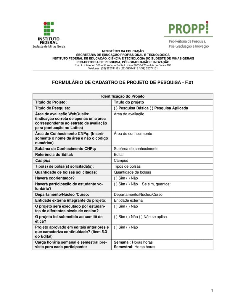F-01 - Cadastro de Projeto de Pesquisa (IF Sudeste MG)
