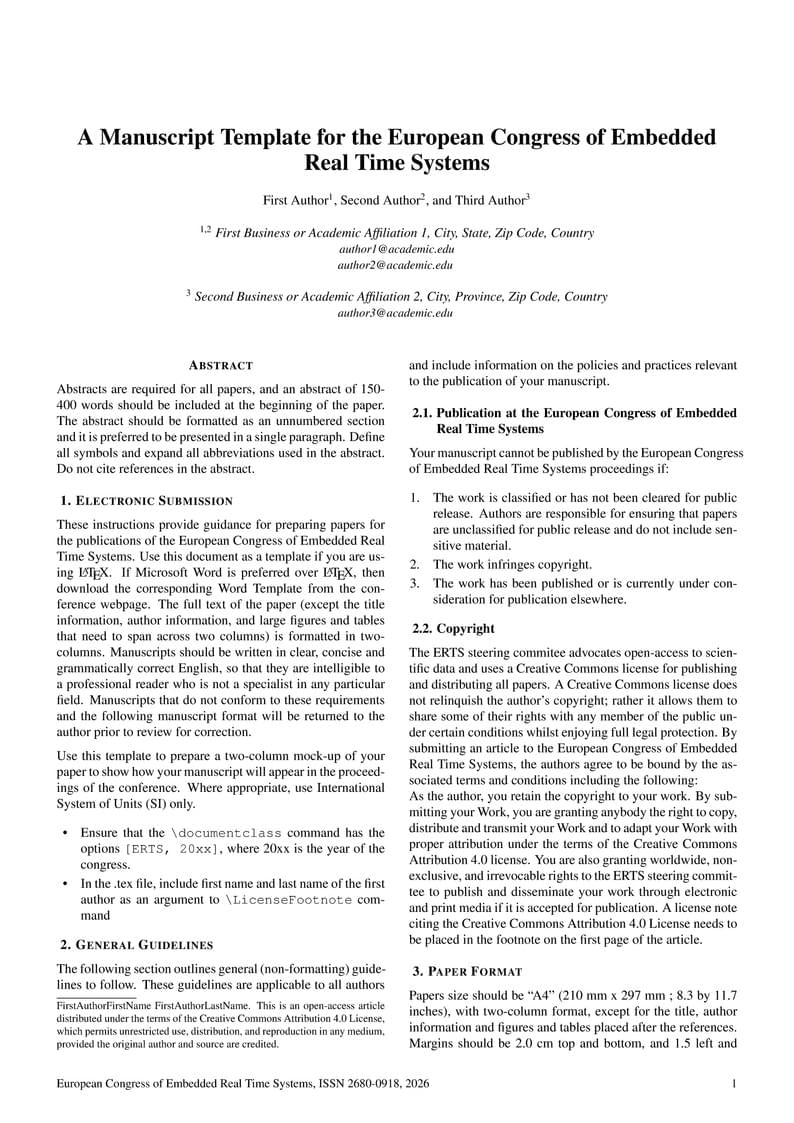 A Manuscript Template for the European Congress of Embedded Real Time Systems