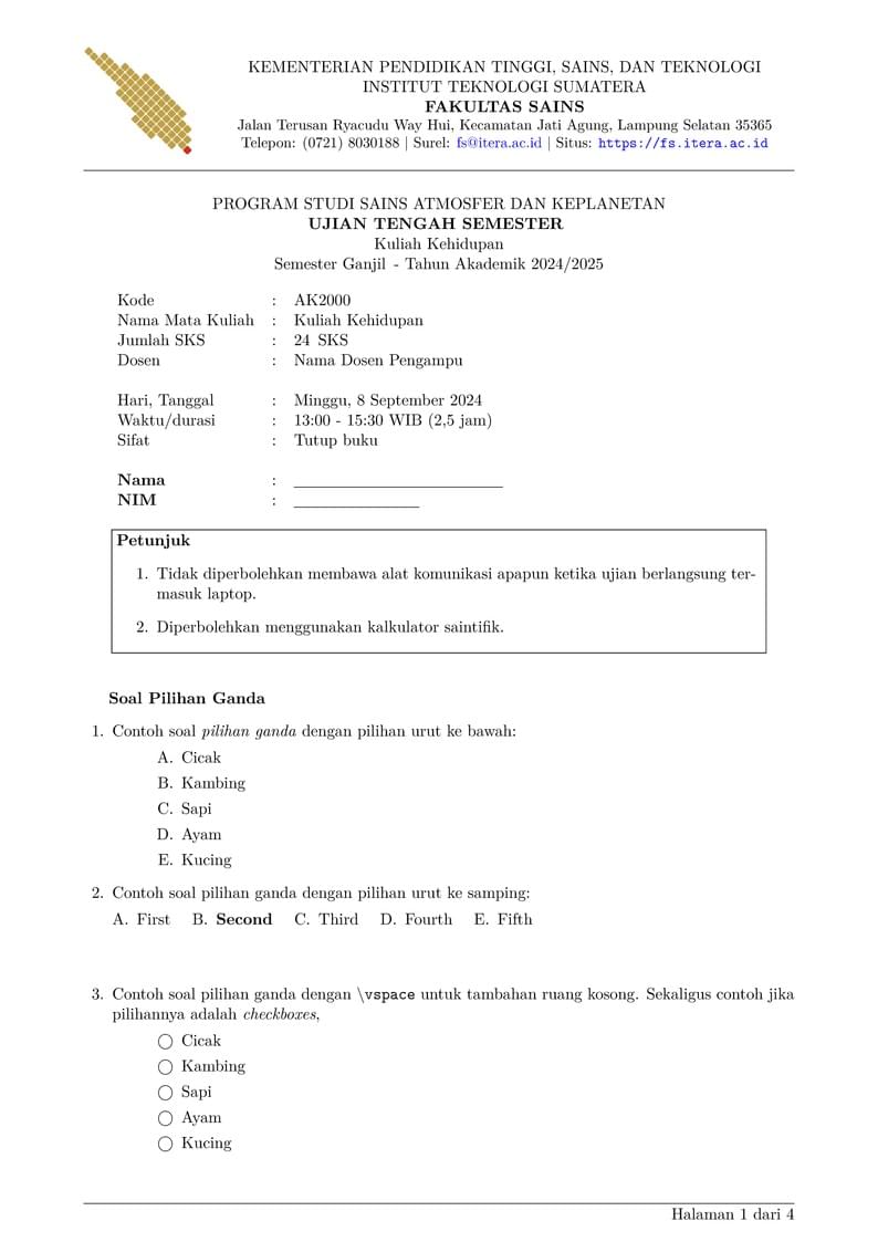 Template Dokumen Soal Ujian Itera