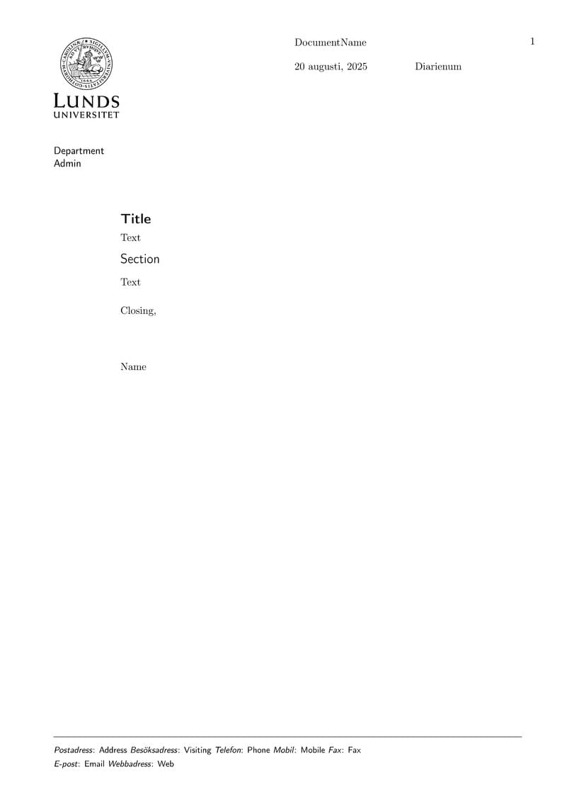 Lund University letter template