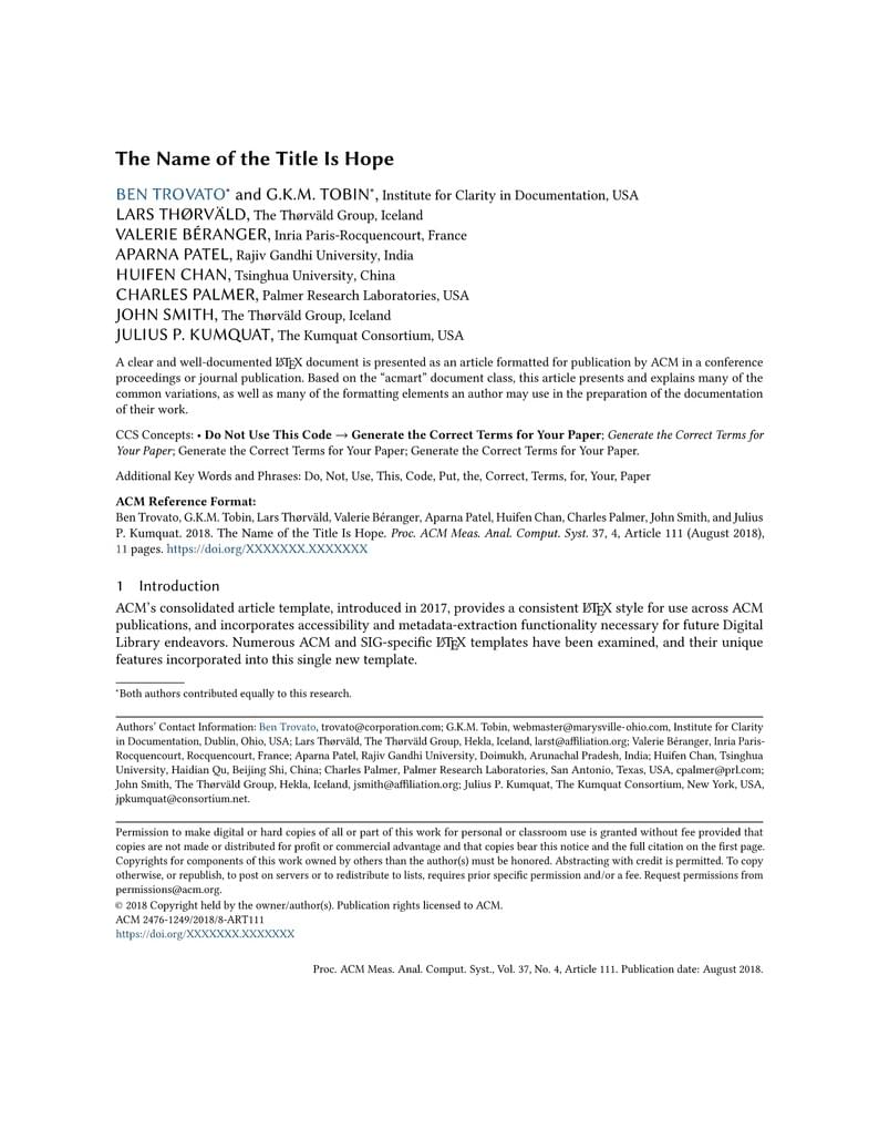 Association for Computing Machinery (ACM) - Large 1-Column Format Template
