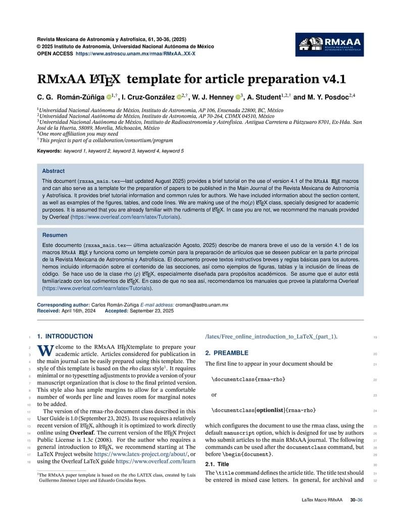 Revista Mexicana de Astronomía y Astrofísica (RMxAA) LaTeX template and guide for authors