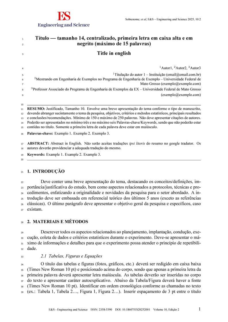 Official LaTeX template of Revista E&S – Engineering and Science (UFMT)