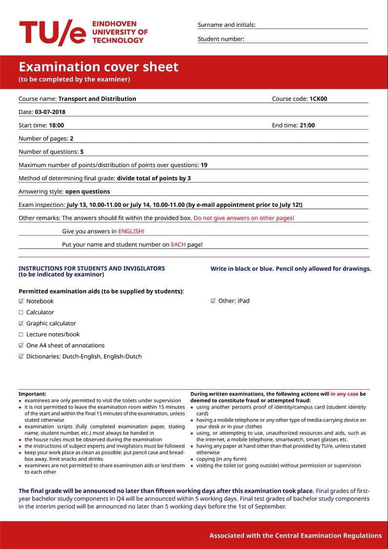 TU/e Exam cover sheet + sample exam