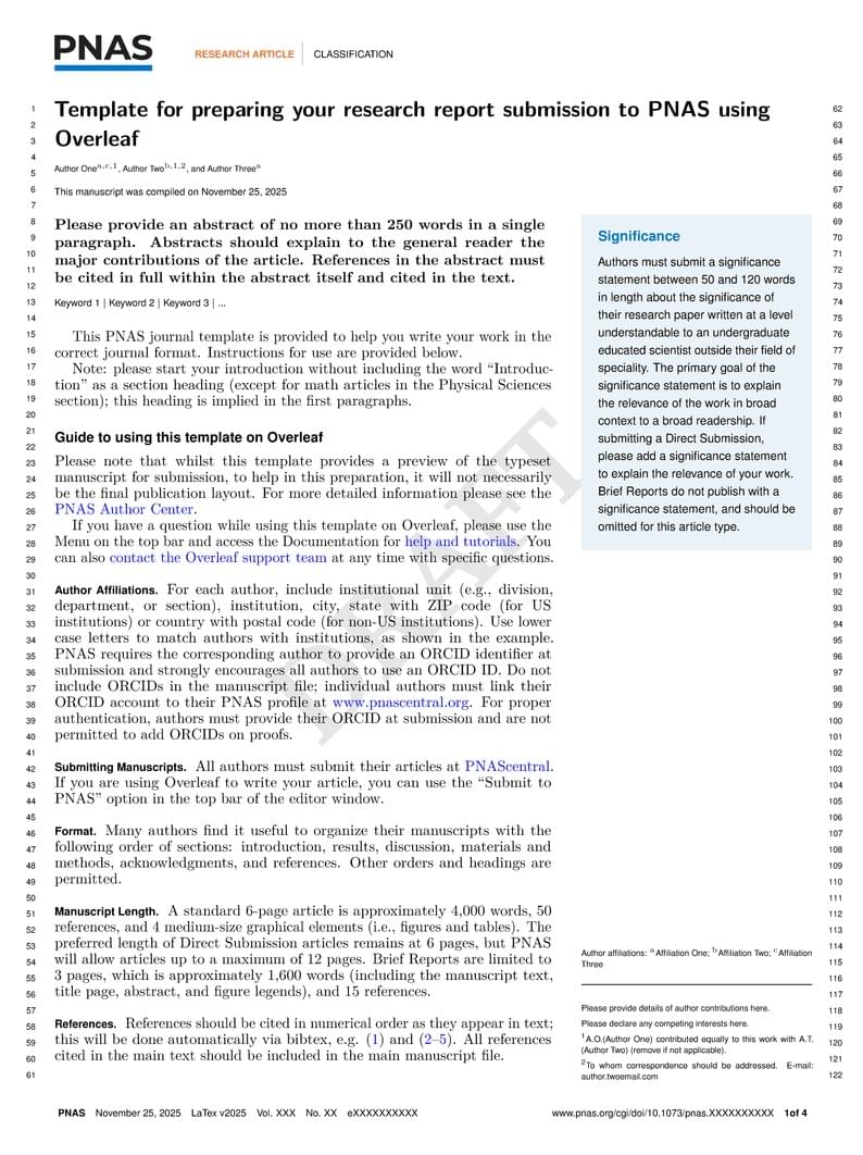 Template for preparing your research report submission to PNAS using Overleaf (2025)