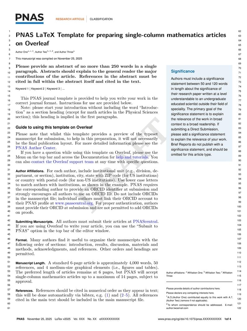 PNAS LaTeX Template for preparing single-column mathematics articles on Overleaf (2025)
