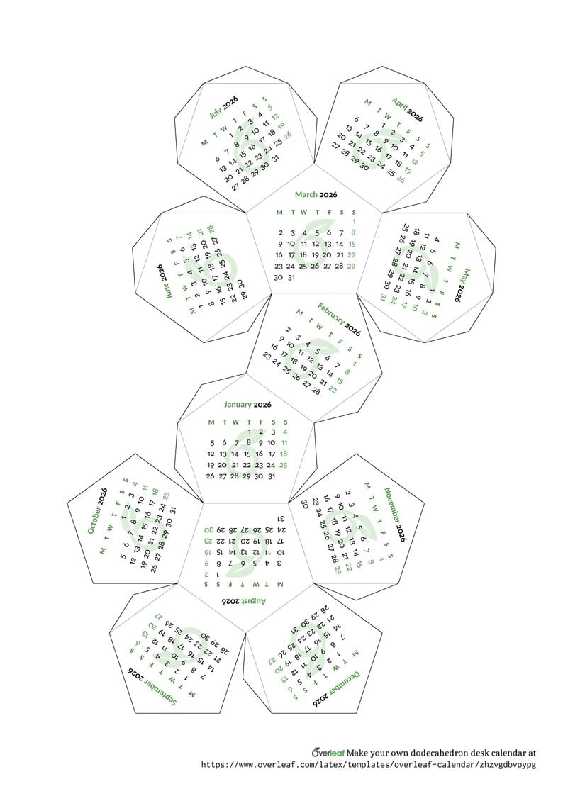 Overleaf-themed dodecahedron calendar