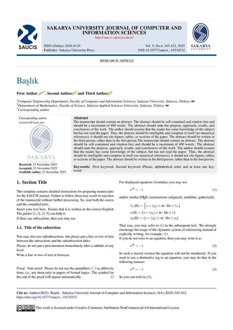 Sakarya University Journal of Computer and Information Sciences LaTeX Template