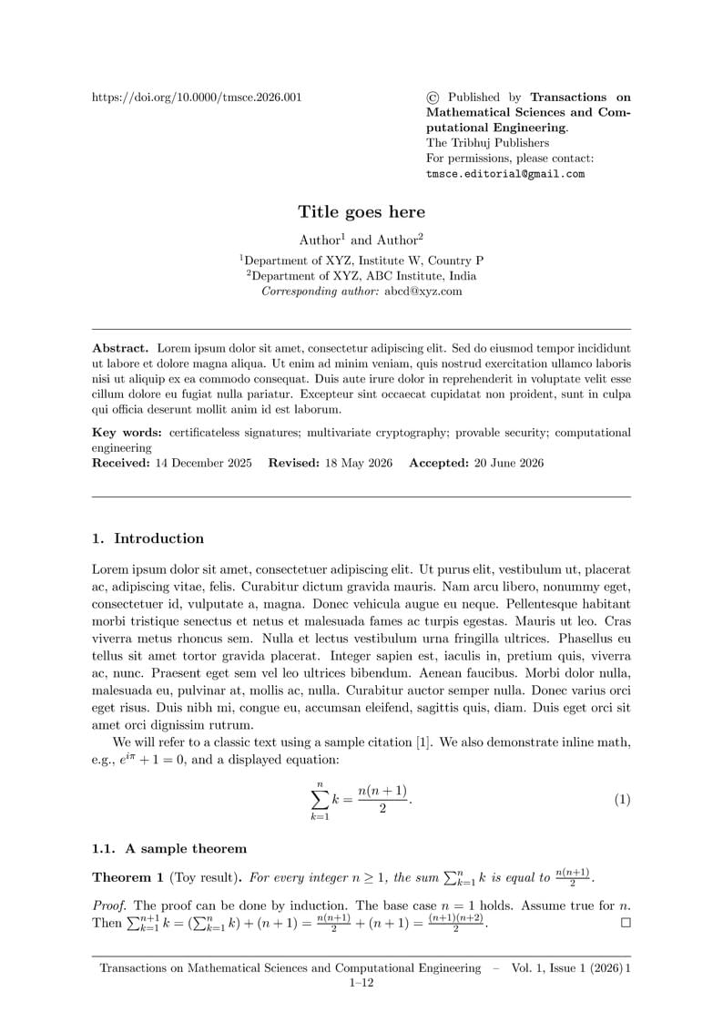 Template for Transactions on Mathematical Sciences and Computational Engineering