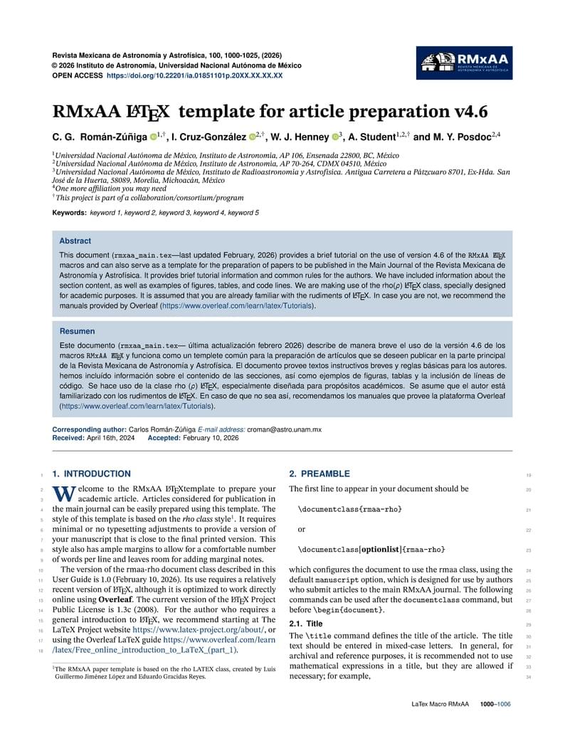 Revista Mexicana de Astronomía y Astrofísica and Serie de Conferencias (RMxAA/RMxAC) LaTeX Templates and Files, Version 4.6