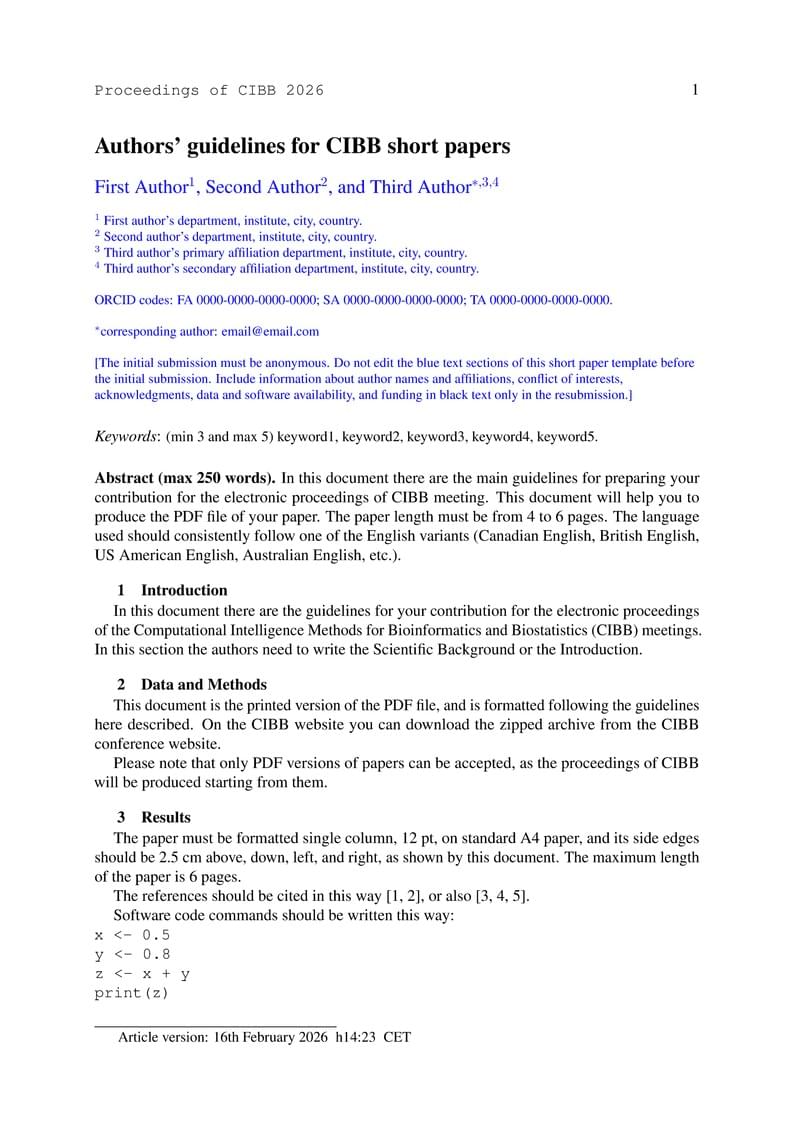 CIBB Template for short papers