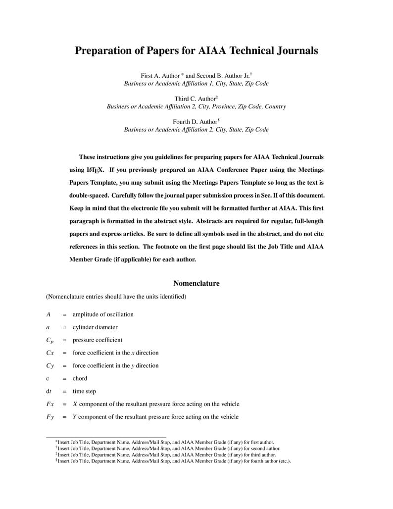 Preparation of Papers for AIAA Technical Journals