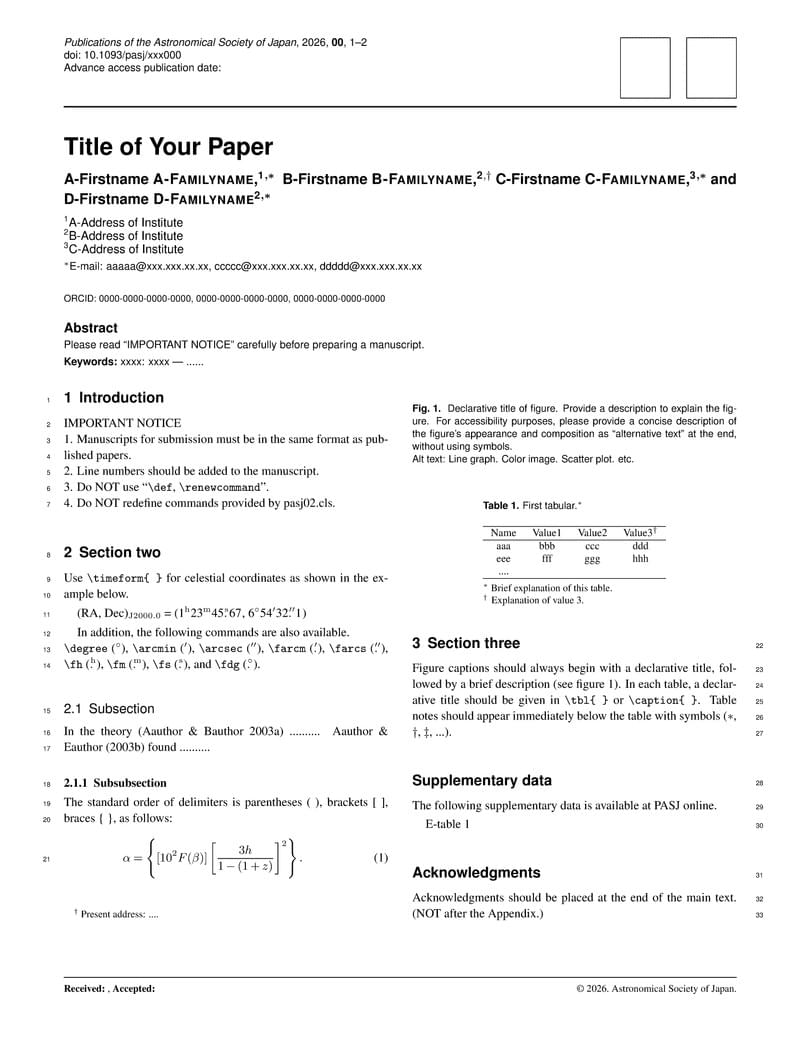 Publications of the Astronomical Society of Japan (PASJ) LaTeX template and author guidelines