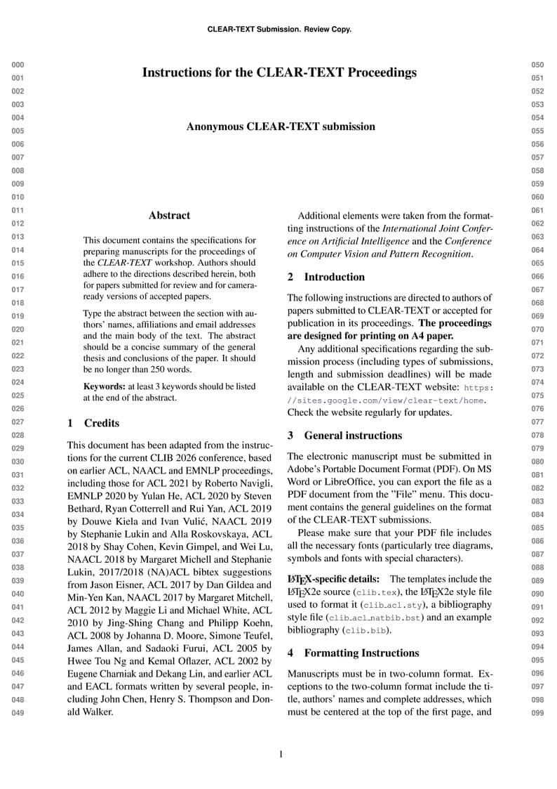 CLEAR-TEXT Workshop Research Article Submission (CLIB 2026 and ACL-based) OVERLEAF TEMPLATE