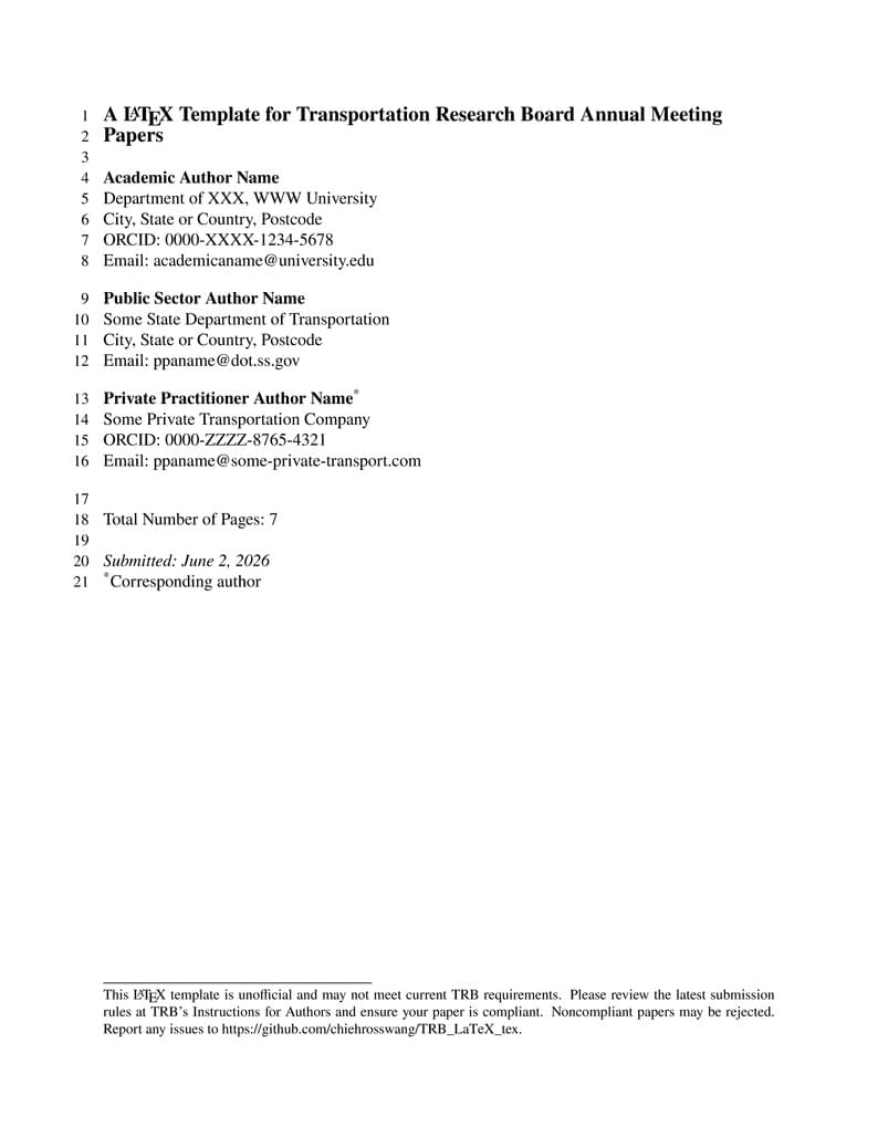 Unofficial Transportation Research Board (TRB) LaTeX template