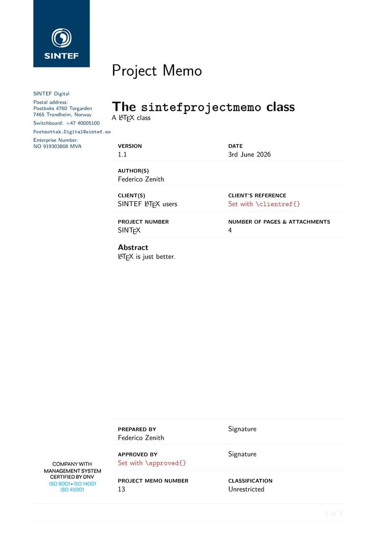 SINTEF Project Memo