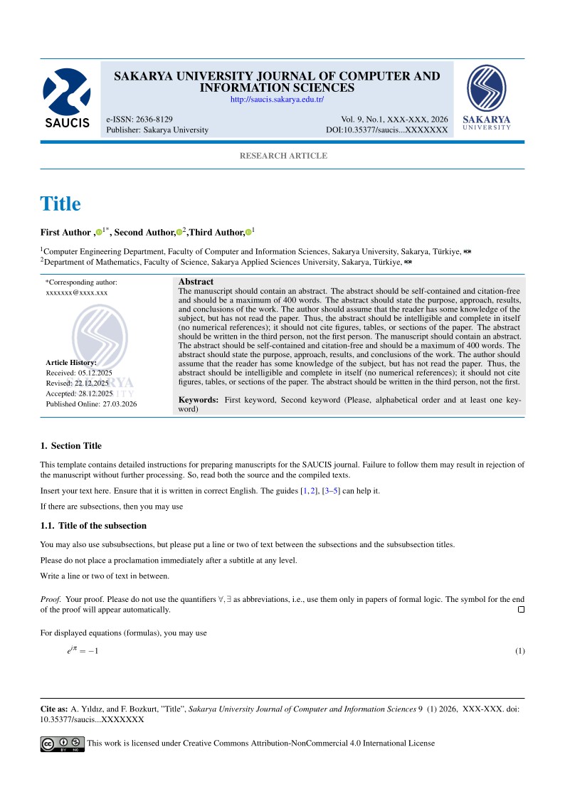 Sakarya University Journal of Computer and Information Sciences LaTeX Template
