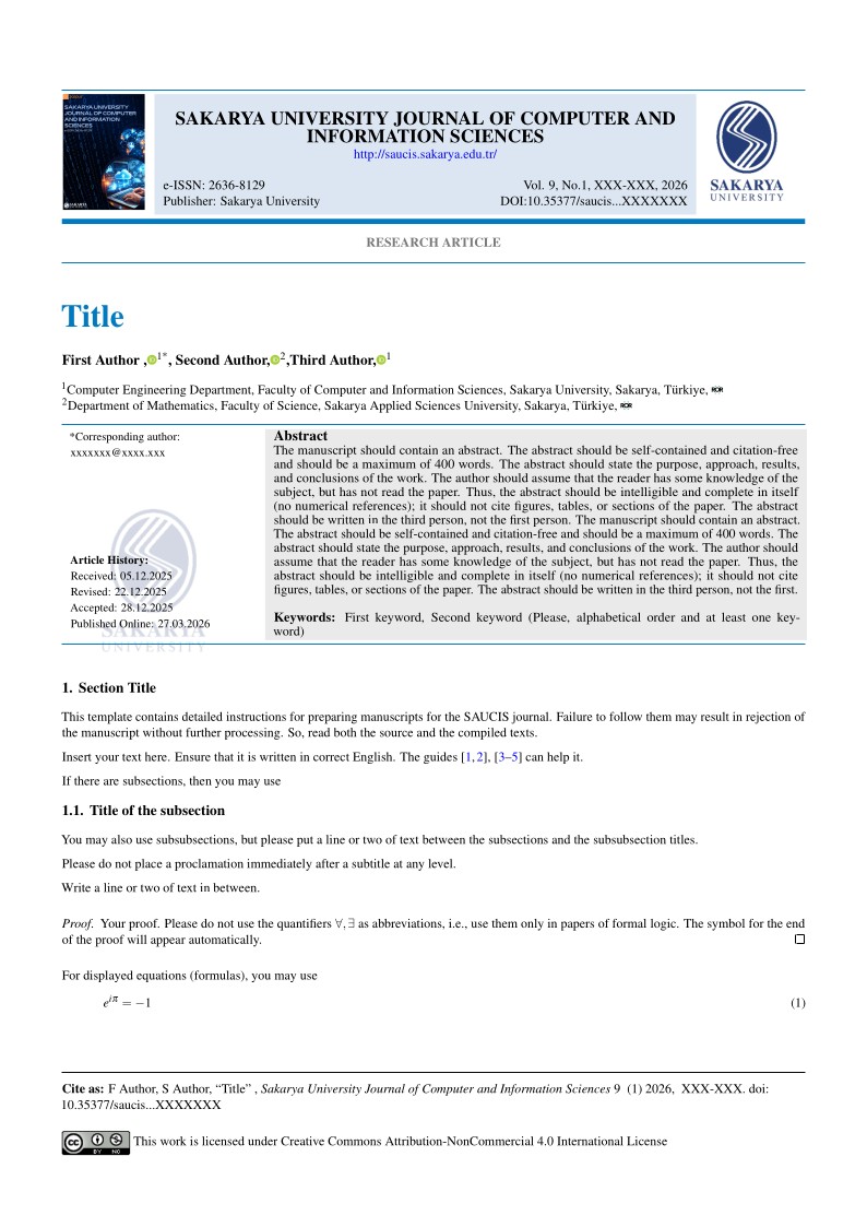 Sakarya University Journal of Computer and Information Sciences LaTeX Template