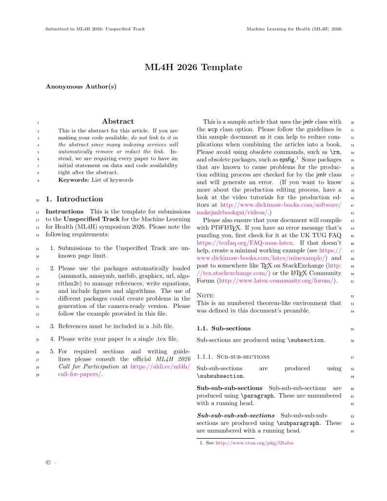Machine Learning for Health (ML4H) 2026 Template