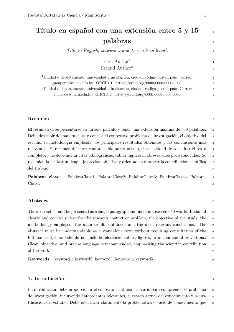 Manuscript template for Portal de la Ciencia, a journal of the Universidad Nacional Autónoma de Honduras (UNAH)
