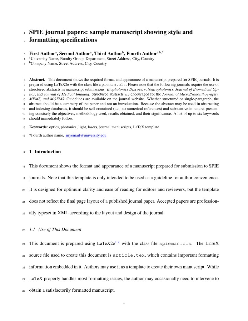 SPIE journal papers: sample manuscript showing style and formatting specifications