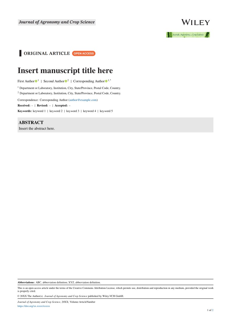 Wiley LaTeX Manuscript Template for the Journal of Agronomy and Crop Science