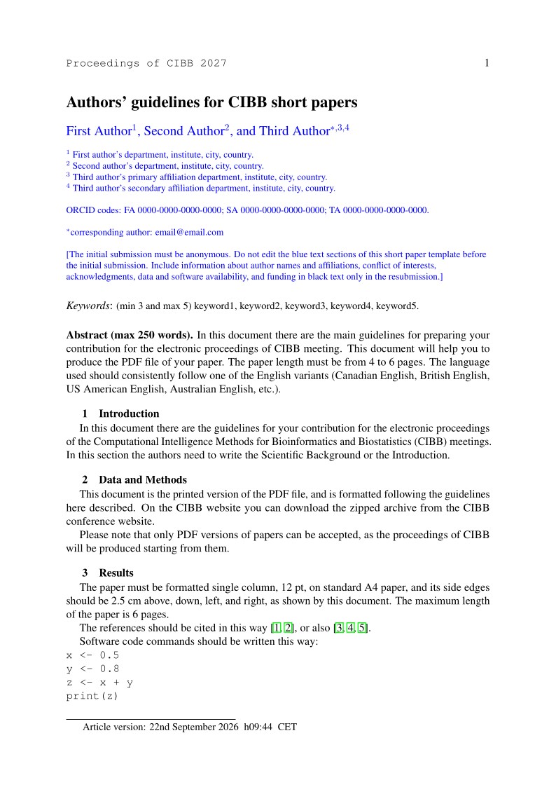 CIBB Template for short papers