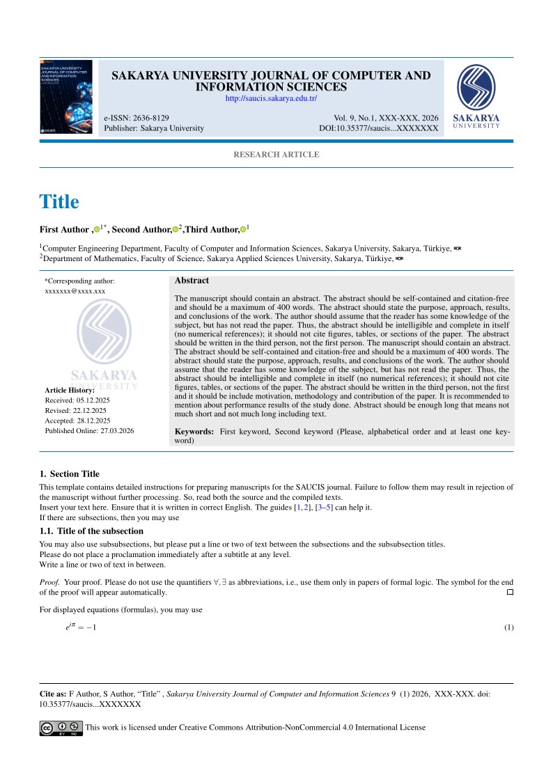 Sakarya University Journal of Computer and Information Sciences LaTeX Template
