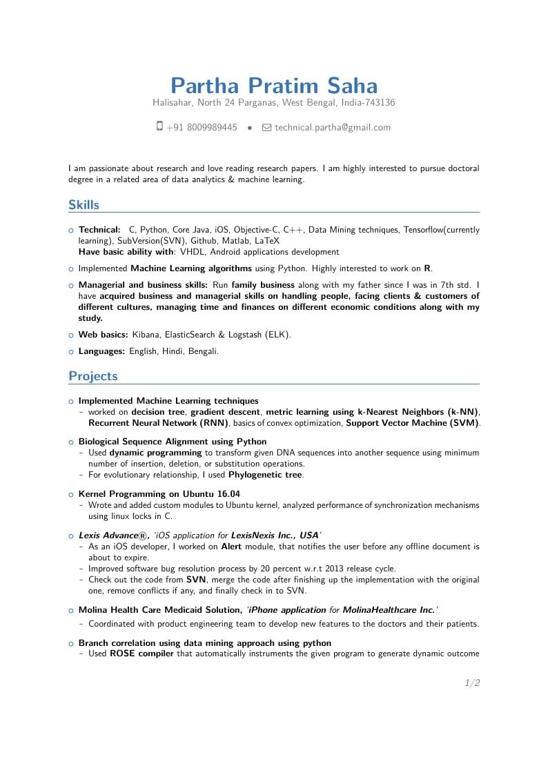 Partha Pratim Saha's Curriculum Vitae