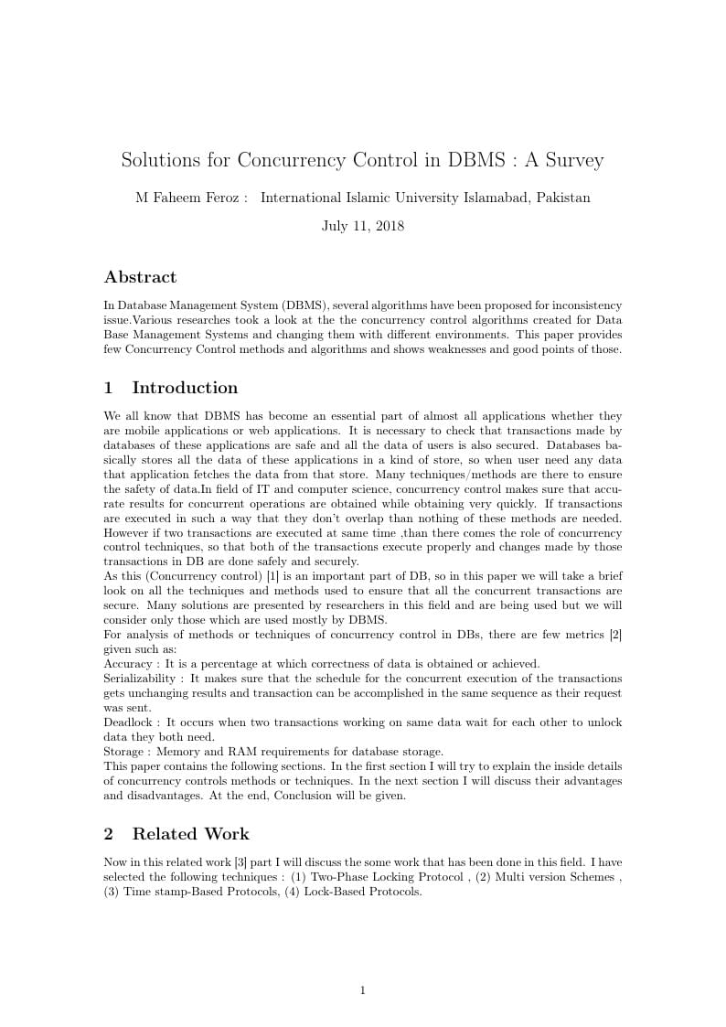 Solutions for Concurrency Control in DBMS : A Survey