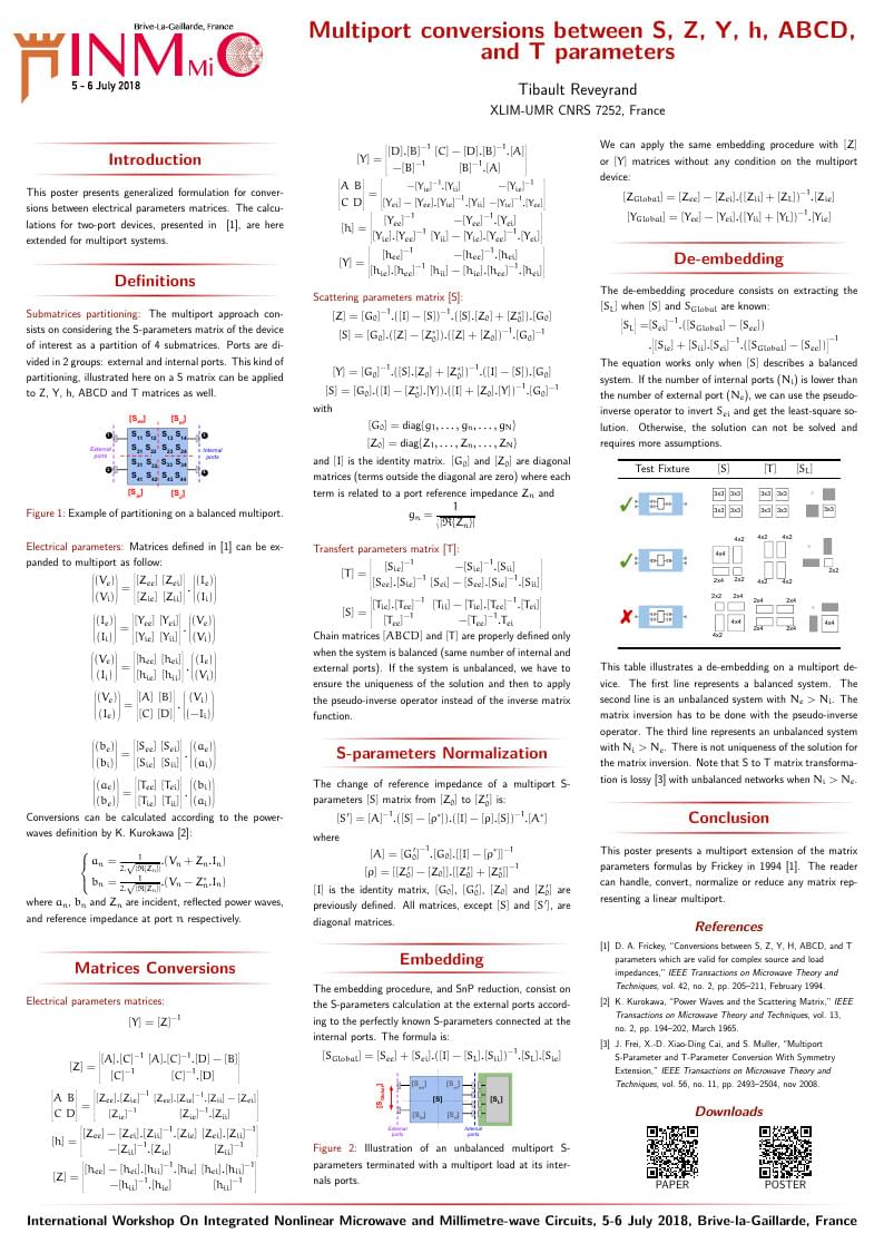 Multiport conversions between S, Z, Y, h, ABCD, and T parameters (IEEE INMMiC 2018 Poster)
