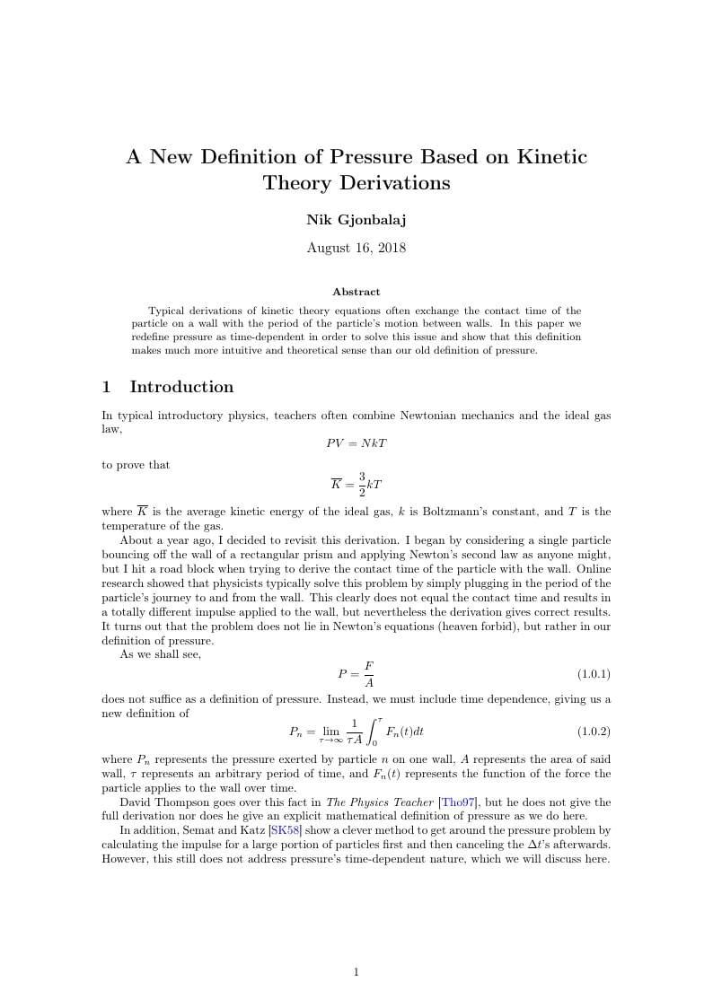 A New Definition of Pressure Based on Kinetic Theory Derivations