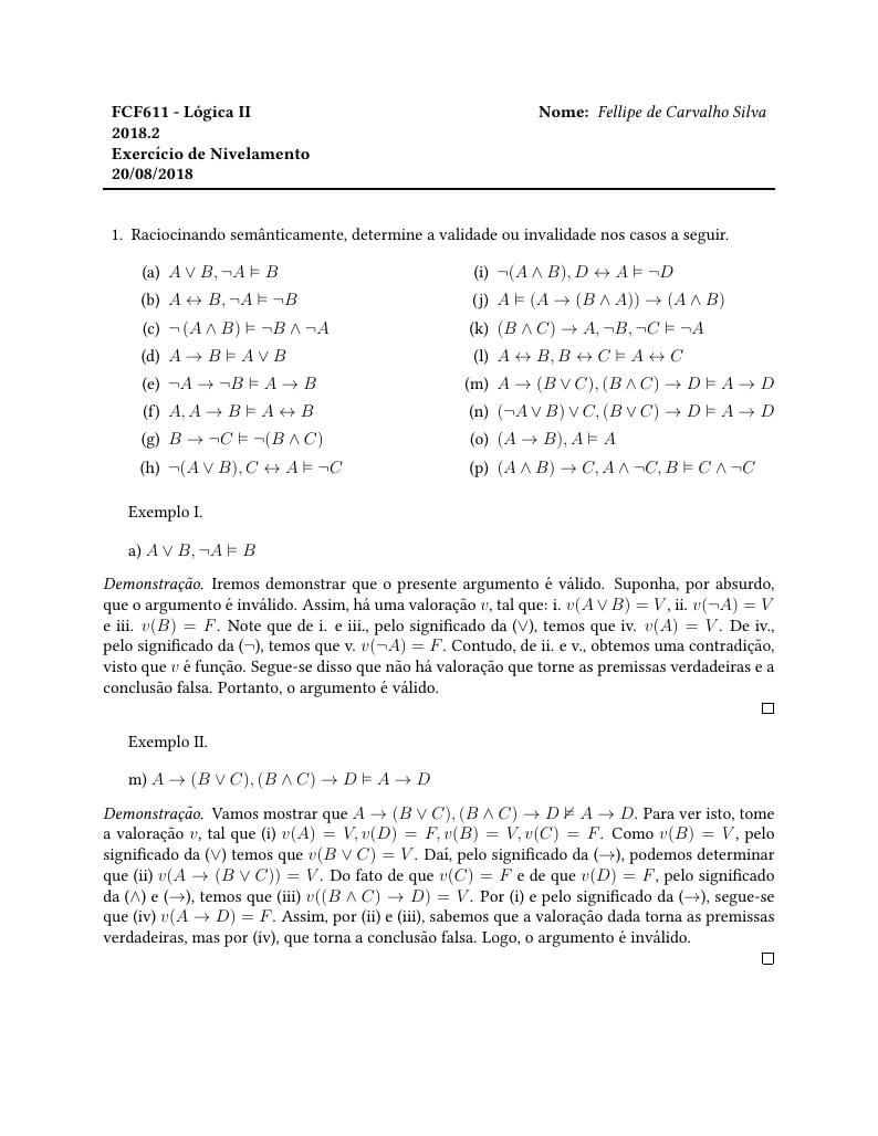 Exercício de Nivelamento - Lógica II