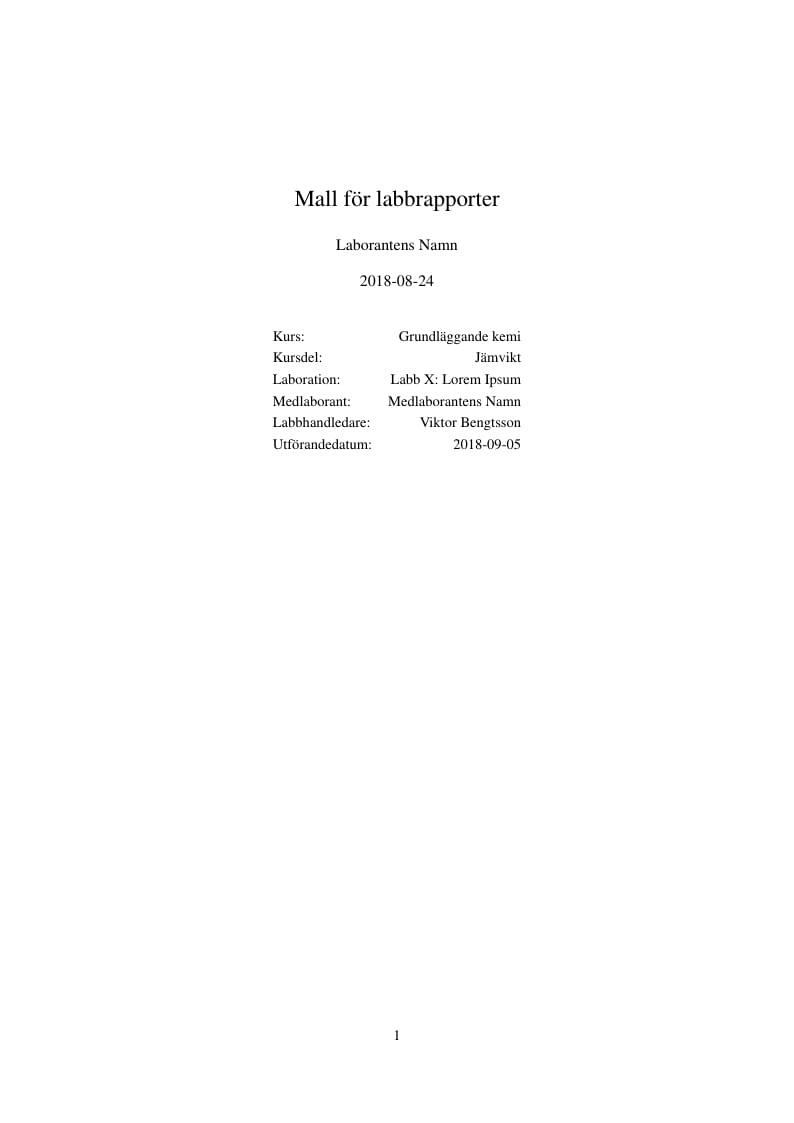 Laboratory report template for Basic Chemistry at Stockholm University